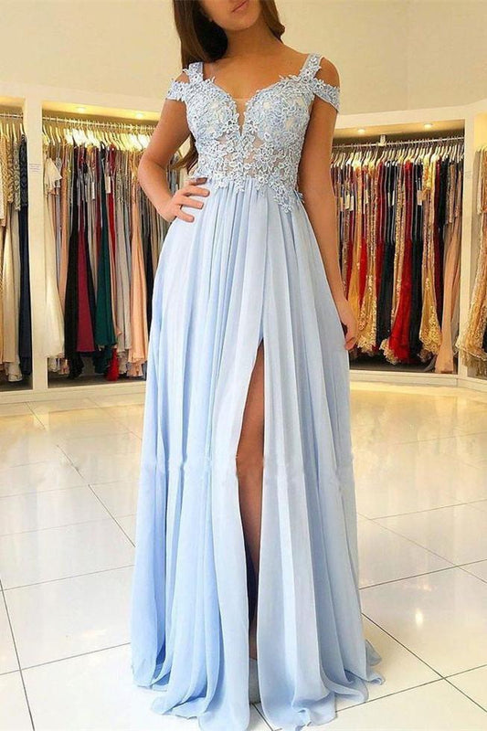 Sky Elegant Off-the-Shoulder Long Prom Dress Chiffon With Lace Appliques