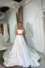 Sleeveless A-Line White Charmeuse Long Wedding Prom Dress