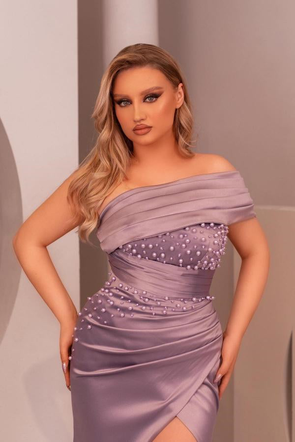 Gorgeous One Shoulder Mermaid Prom Dress Pearls With Split On Sale