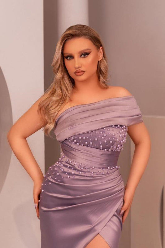 Gorgeous One Shoulder Mermaid Prom Dress Pearls With Split On Sale