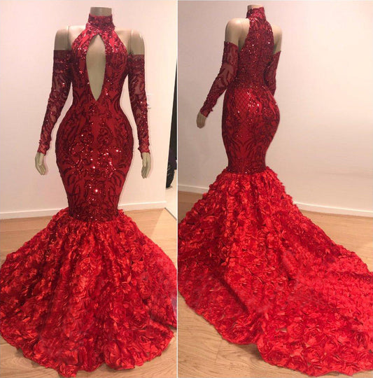 Fabulous Red Long Sleeves Mermaid Prom Dress Sequins Bottom Flowers