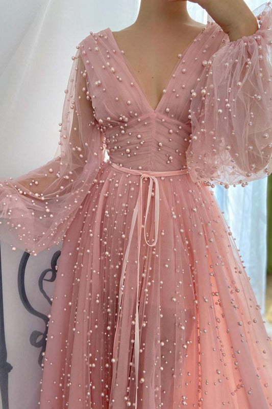 Gorgeous Pink Long Sleeves Prom Dress V-Neck Tulle With Pears