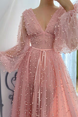 Gorgeous Pink Long Sleeves Prom Dress V-Neck Tulle With Pears