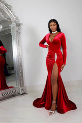 Red Prom Dress Long Sleeve Simple With High Slit Pleated