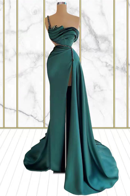 Emerald One Shoulder Rhinestone Mermaid Prom Dress with Split