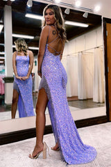 Charming Lilac Mermaid Sequins Pearls Prom Dress Mermaid Sleeveless With Slit Tassels