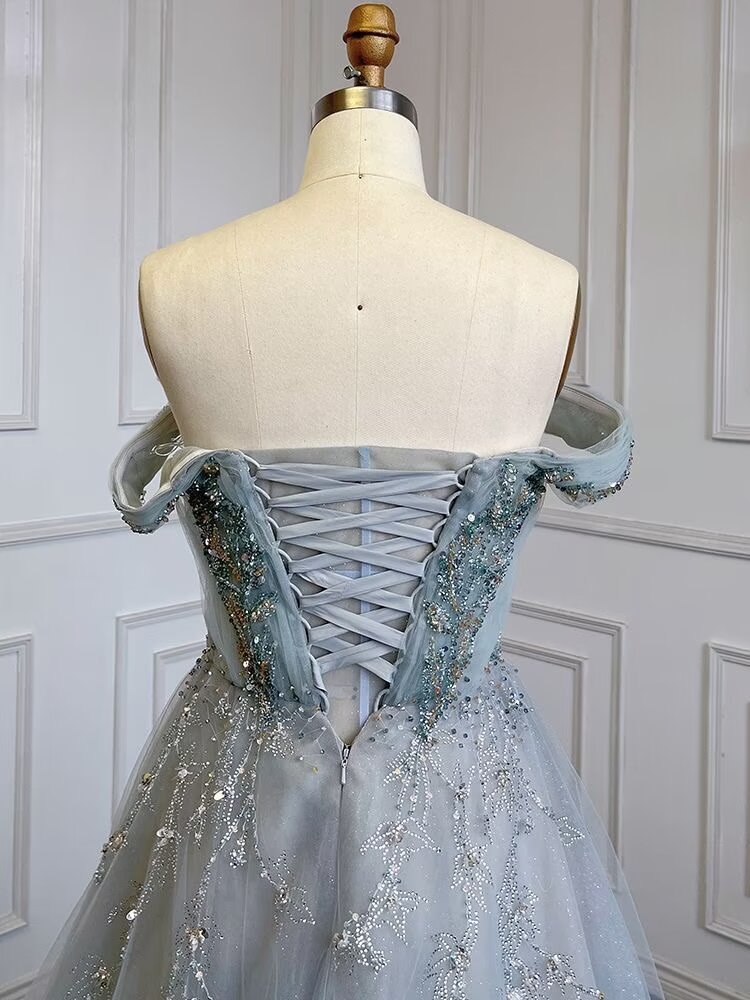 Dusty Blue Sequin Prom Dress Long A Line V Neck Sleeveless Backless