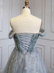 Dusty Blue Sequin Prom Dress Long A Line V Neck Sleeveless Backless