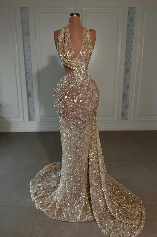 Champagne Sequins Evening Dress V Neck Sleeveless Hatler Sexy Long