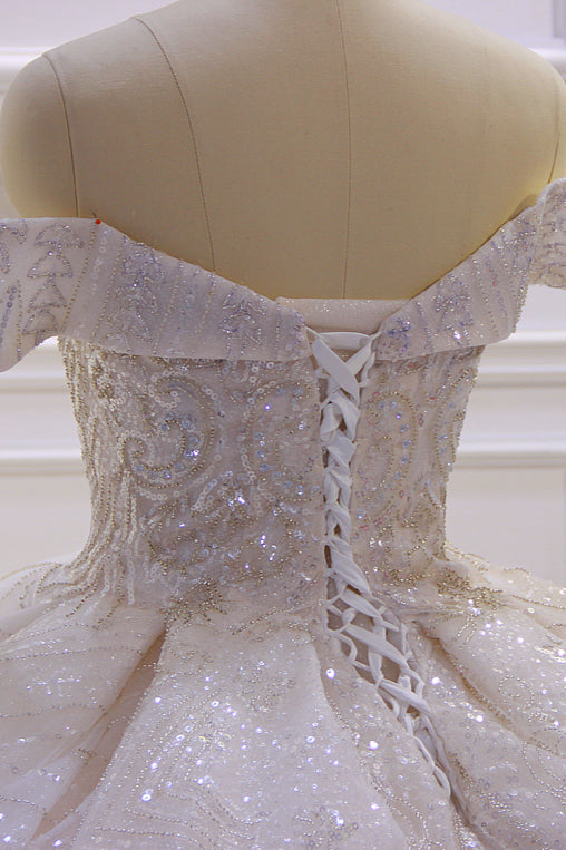 Off-The-Shoulder Satin Wedding Dress in Pink with Modest Ball Gown Ruffles and Sequins Beading