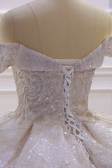 Off-The-Shoulder Satin Wedding Dress in Pink with Modest Ball Gown Ruffles and Sequins Beading