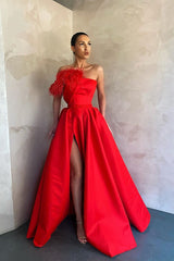 Modern Strapless Long Prom Dresses Front Slit Sleeveless With Feather