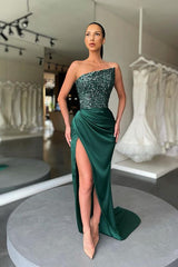Sequins Elegenat Long Dark Green Prom Dress With Slit