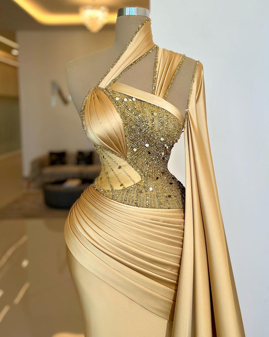 Classic One Shoulder Ruffle Prom Dress Mermaid With Beads
