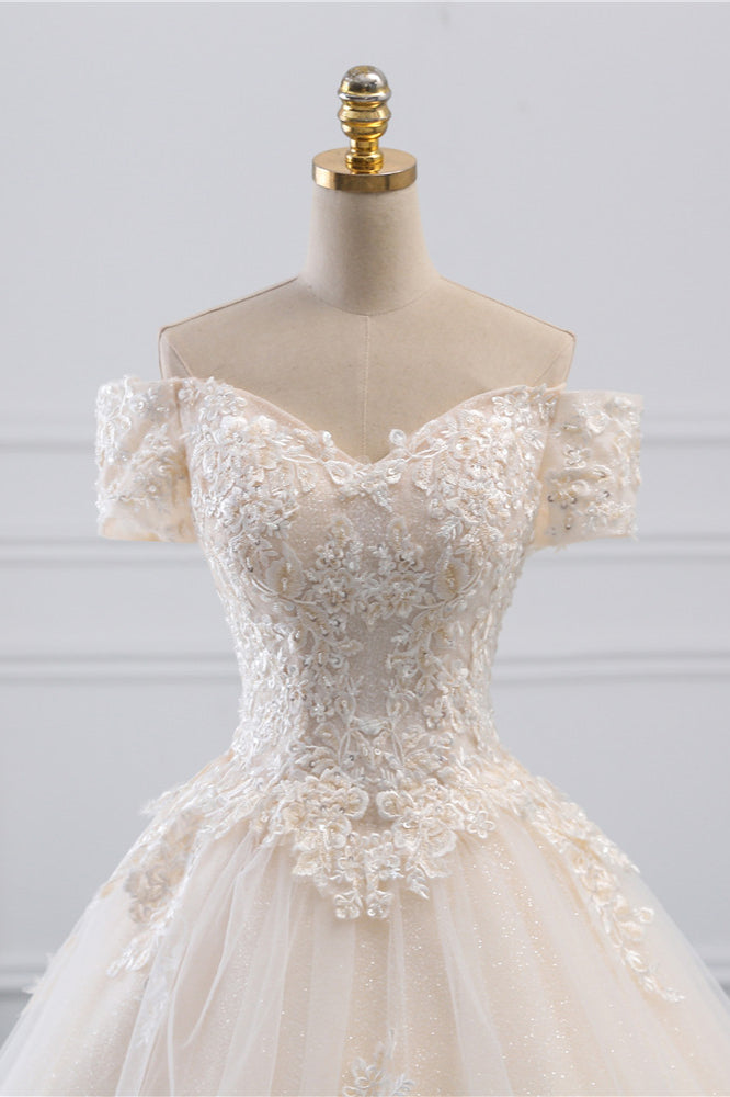 Elegant Off-the-Shoulder Princess Wedding Gown in Tulle with Lace Appliques