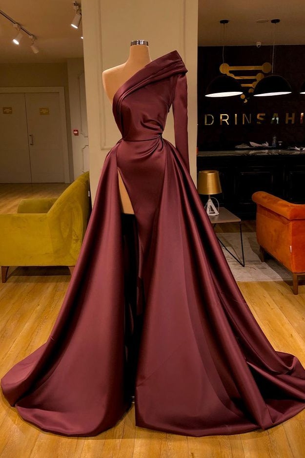 Fabulous Cabernet One Shoulder Long Sleeves Prom Dress Split With Overskirt