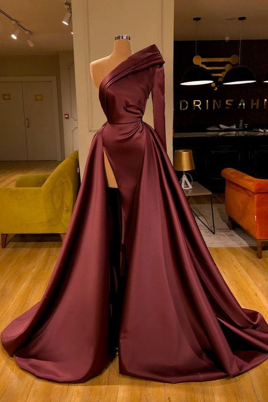 Fabulous Cabernet One Shoulder Long Sleeves Prom Dress Split With Overskirt