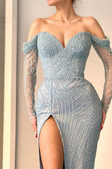 New Arrival Long Sleeves Mermaid Prom Dress Beadings Off-the-Shoulder With Slit