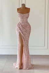 Dusty Pink Square Sleeveless Long Slit Mermaid Prom Dress with Sequins
