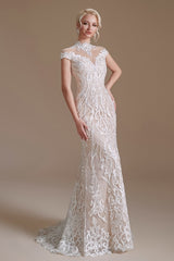 Elegant High-neck Long Lace Mermaid Wedding Dress With Sleeves