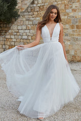 V-Neck Tulle Bridal Gown with Sleeves