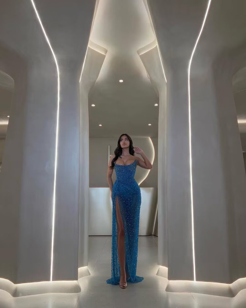Stunning Strapless Blue Prom Dress High Split With Beadings