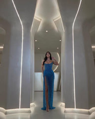 Stunning Strapless Blue Prom Dress High Split With Beadings