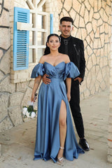 Dusty Blue Sweetheart Off-the-Shoulder Puff Sleeves Evening Dress with Front Split