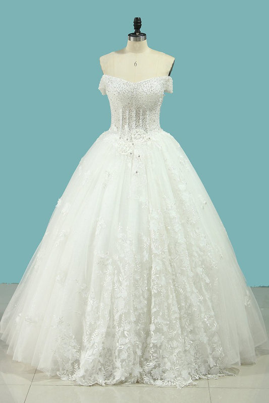 Off-The-Shoulder A-Line Wedding Dress with Elegant Lace Appliques and Sequins Tulle