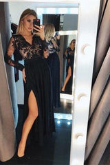 Amazing Long Sleeves Black Prom Dress Long Appliques Split