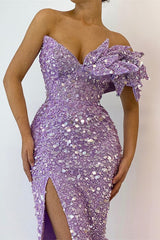 Beautiful Lilac V-Neck Off-the-Shoulder Mermaid Sequins Prom Dress with Split