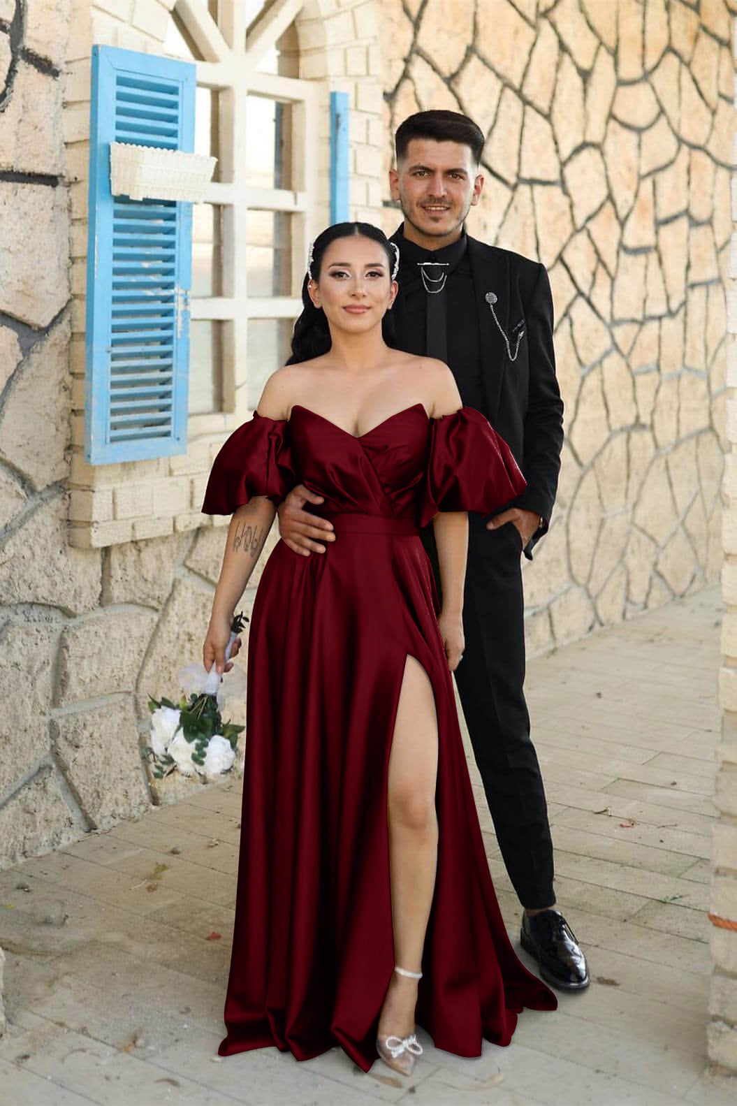Dusty Blue Sweetheart Off-the-Shoulder Puff Sleeves Evening Dress with Front Split