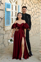 Dusty Blue Sweetheart Off-the-Shoulder Puff Sleeves Evening Dress with Front Split