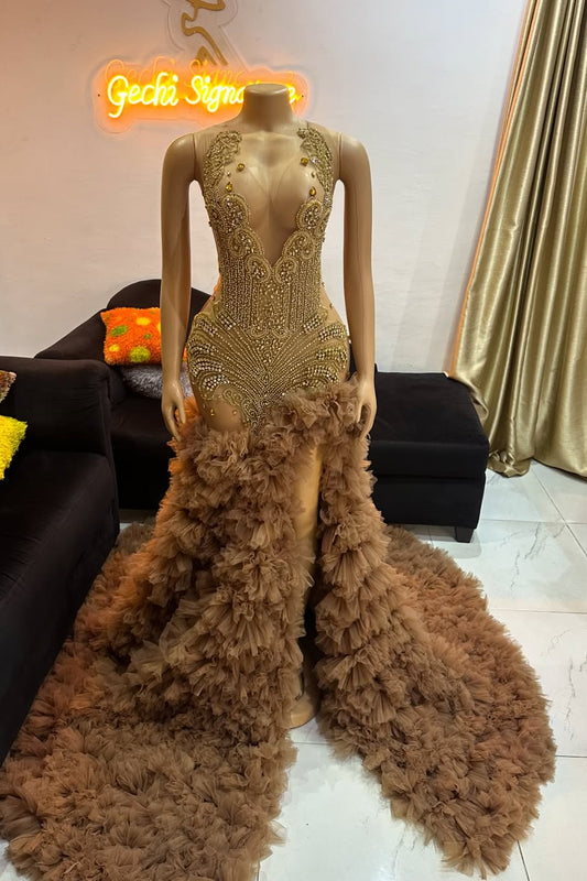 Modern Brown Sleeveless Mermaid Long Prom Dress Beadings With Tulle Ruffles Split