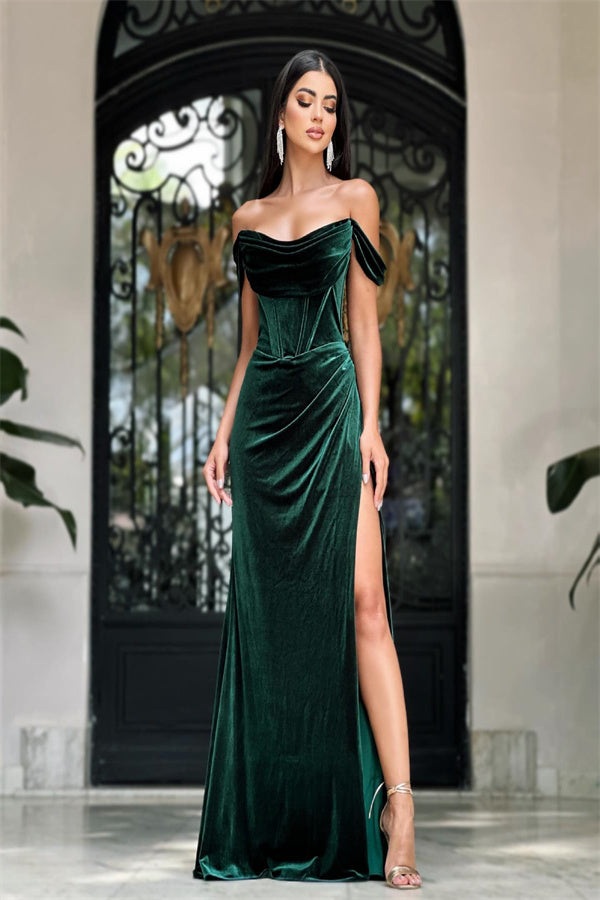 Classy Green Off-the-shoulder Split Party Long Prom Dress