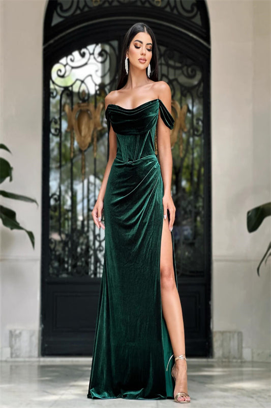 Classy Green Off-the-shoulder Split Party Long Prom Dress