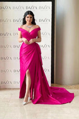 Gorgeous Fuchsia Off-the-Shoulder V-Neck Split Prom Dress with Pleated