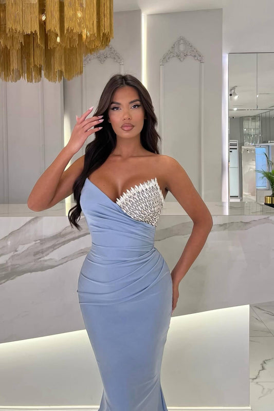 Fabulous Light Blue Sweetheart Sleeveless Mermaid Prom Gown With Beadings