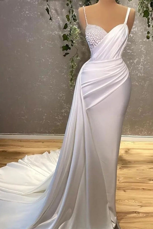 Modern White Spaghetti-Straps Pearl Mermaid Prom Dress With Ruffles
