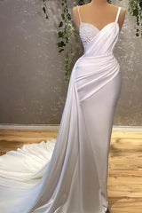 Modern White Spaghetti-Straps Pearl Mermaid Prom Dress With Ruffles