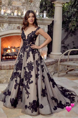 Elegant Black V-neck A-line Bridal Gown Featuring Lace Tulle and Open Back