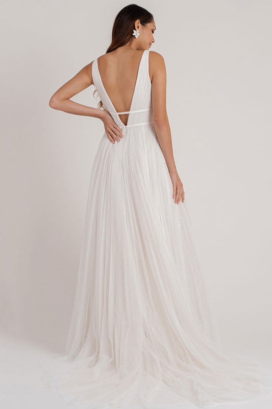 V-Neck Tulle Bridal Gown with Sleeves