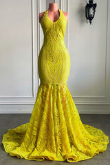 Charming Lemon Yellow V-Neck Sleeveless Prom Dress Mermaid Lace Sequins Long