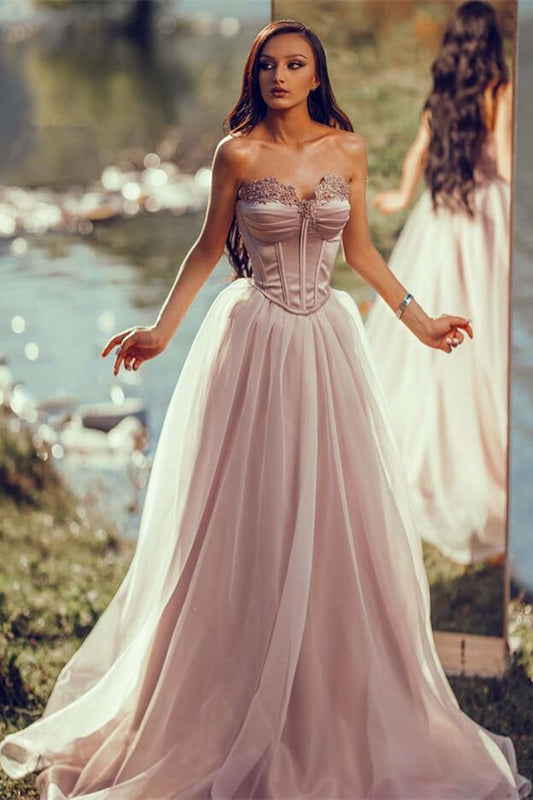 Charming Silver Long Evening Dress Off-the-Shoulder Sleeveless with Applique Tulle Pleated