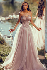 Charming Silver Long Evening Dress Off-the-Shoulder Sleeveless with Applique Tulle Pleated
