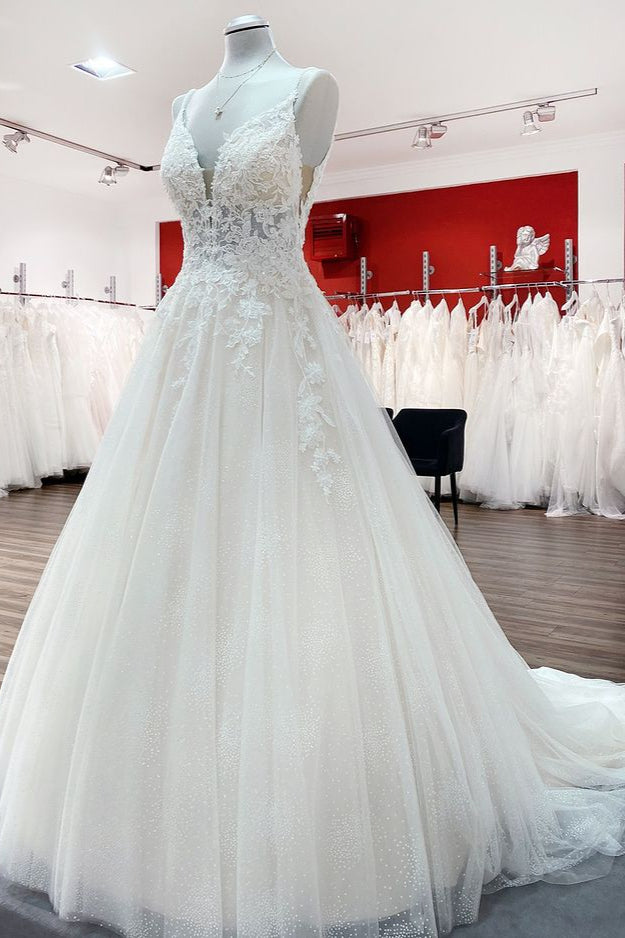 Long A-line V-neck Wedding Dress with Spaghetti Straps and Backless Tulle Lace