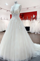 Long A-line V-neck Wedding Dress with Spaghetti Straps and Backless Tulle Lace