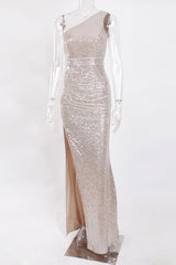 One Shoulder Sequins Prom Dress Long Mermaid Party Gowns With Slit