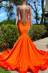 Bright Orange Prom Dress V Neck Mermaid Sleeveless Appliques