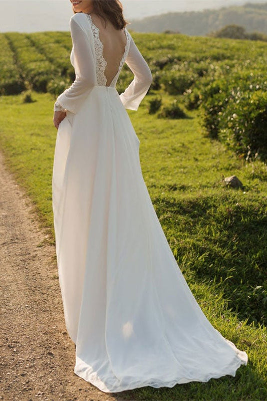 Long Sleeve Backless Chiffon Bridal Gown